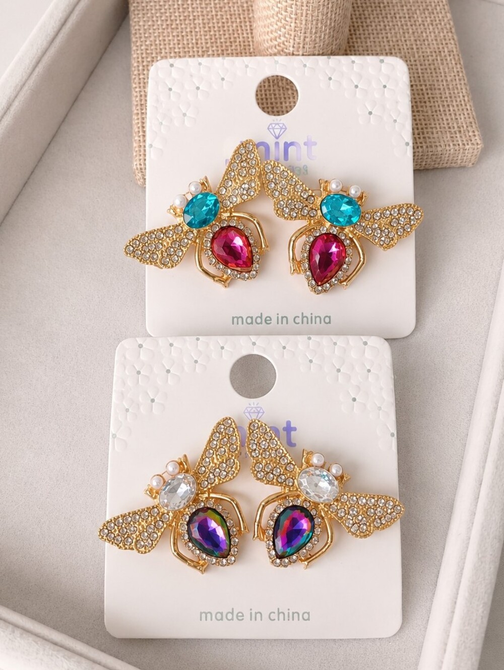 2pc Sparkling Bee Rhinestone Statement Earrings – Gold Tone | Crystal & Pearls
